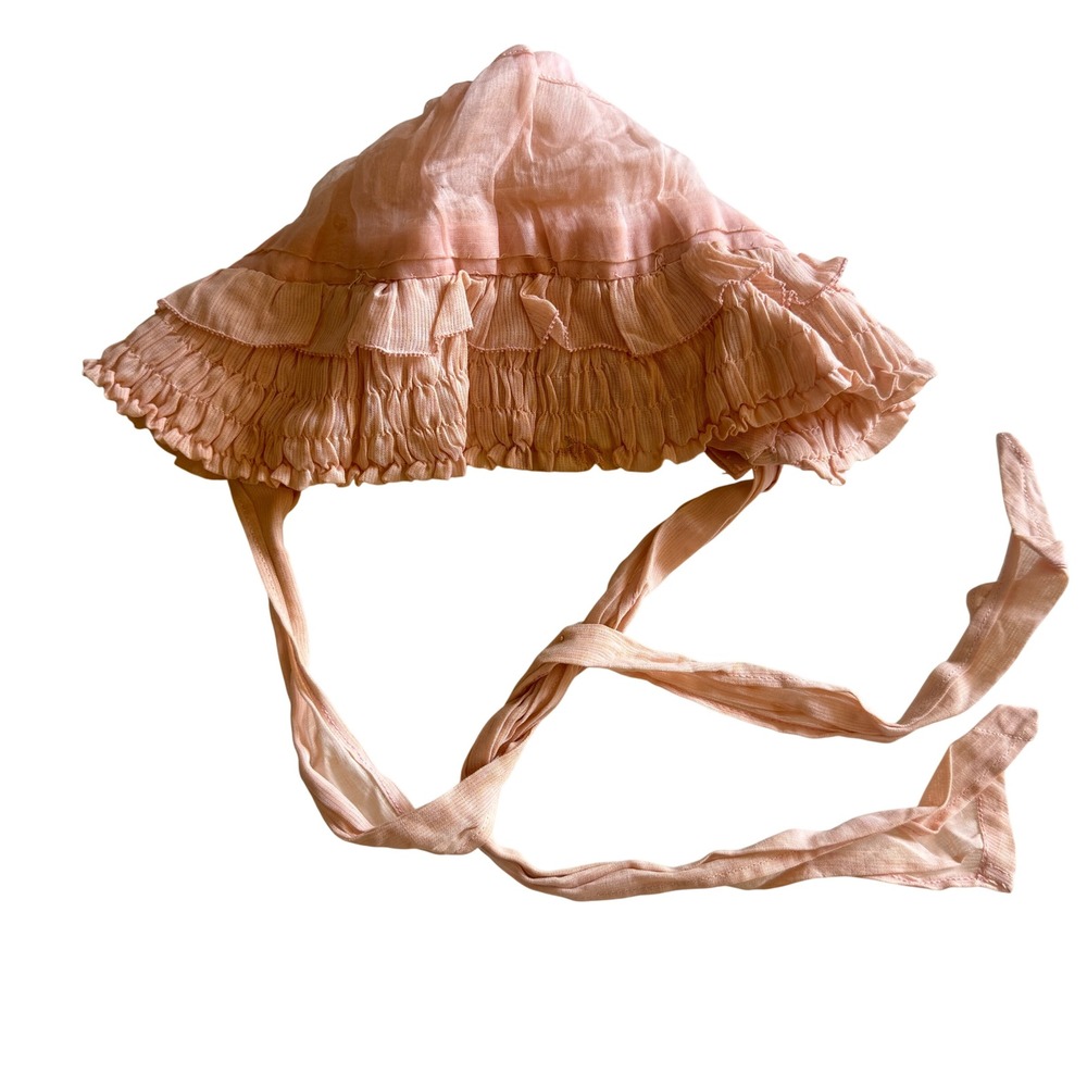 Antique 1920s Silk Boudoir Cap Ruched Ribbon Flapper Bed Bonnet Pink OS